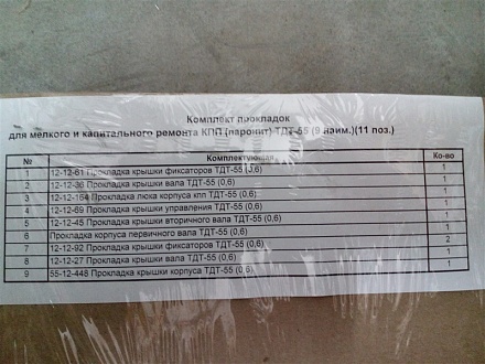 Комплект паронит. прокладок КПП ТДТ-55А (10поз.)